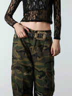 Woven Ripped Camouflage Cargo Baggy Pants