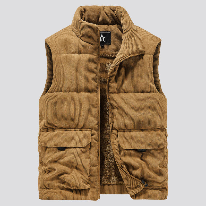 Men’s Corduroy Fleece-Lined Multi-Pocket Winter Puffer Gilet
