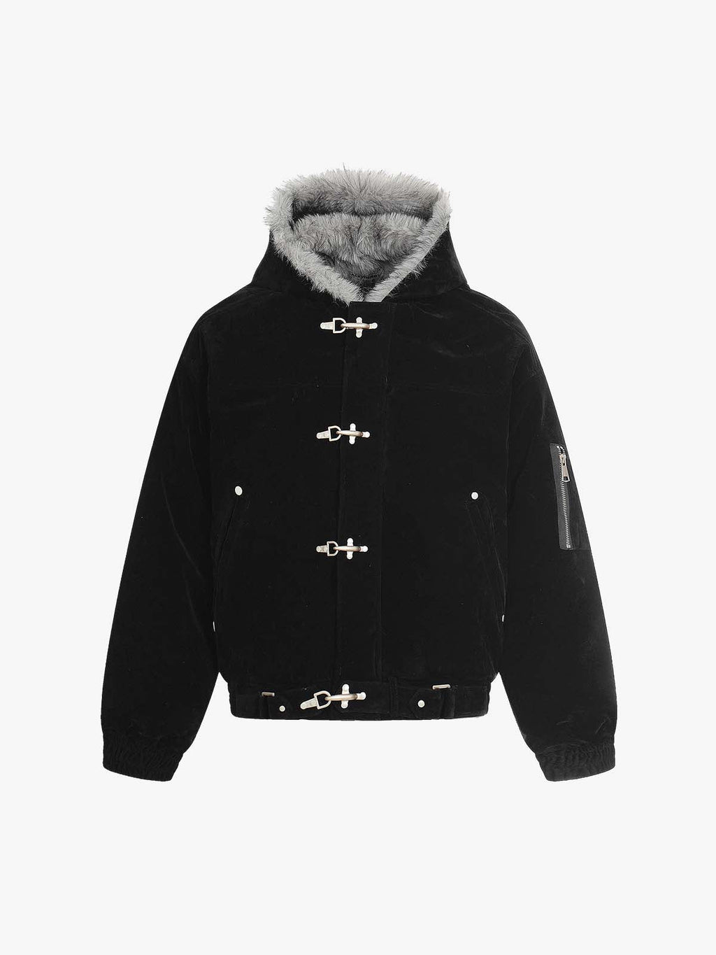 Zamszowa kurtka bomberka z kapturem z futerkiem i metalową klamrą w stylu streetwear