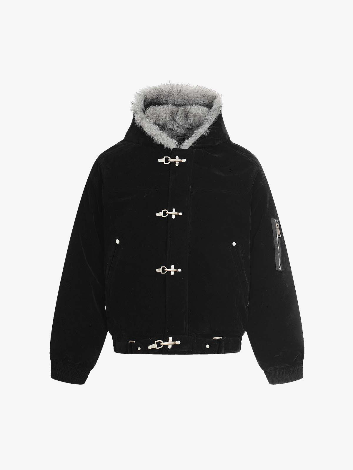 Zamszowa kurtka bomberka z kapturem z futerkiem i metalową klamrą w stylu streetwear