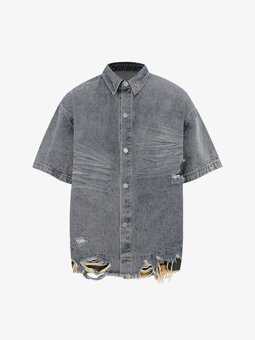 Distressed Denim Ripped Short-Sleeve Shirt