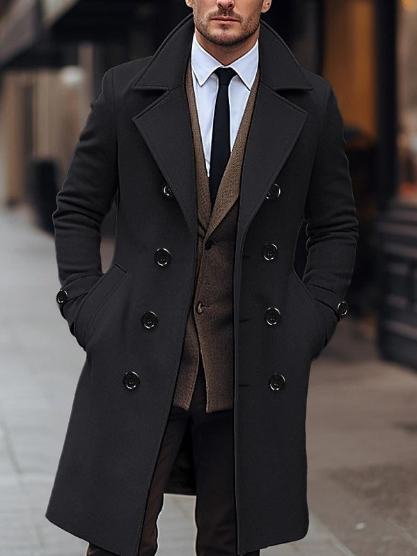 Men’s Long Double-Breasted Wool Blend Overcoat|Business/Casual Winter Coat