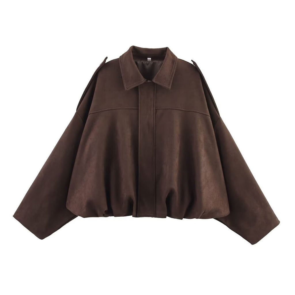 Women's Vintage Suede Oversized Batwing Sleeve Bomber Jacket