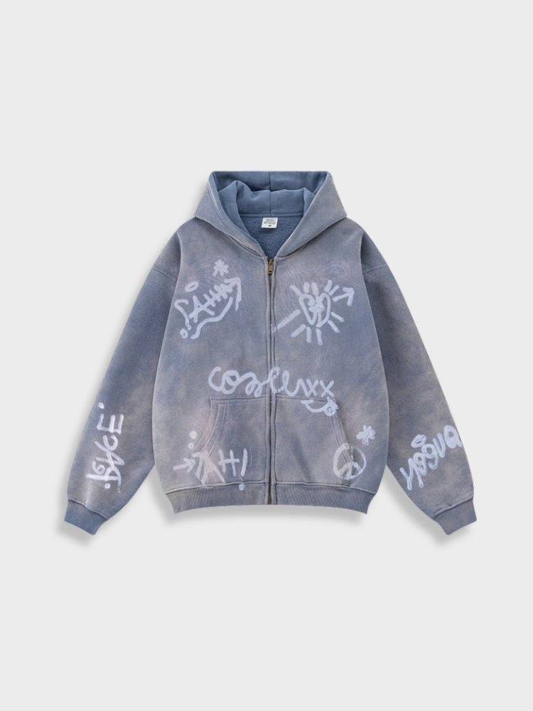 Men's Graffiti Print Washed Zip-Up Hoodie