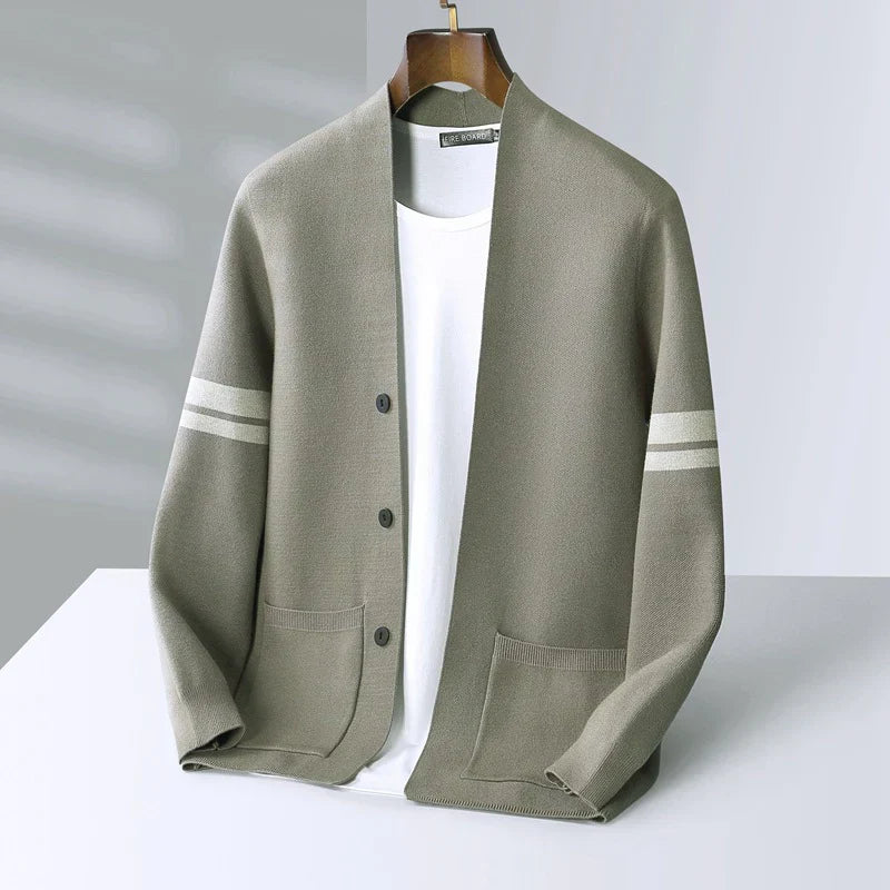 Men’s merino blend cardigan with striped sleeves and patch pockets