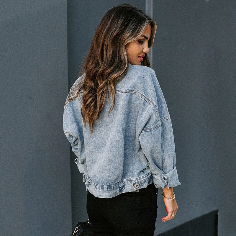 Women's Leopard Print Patchwork Denim Jacket