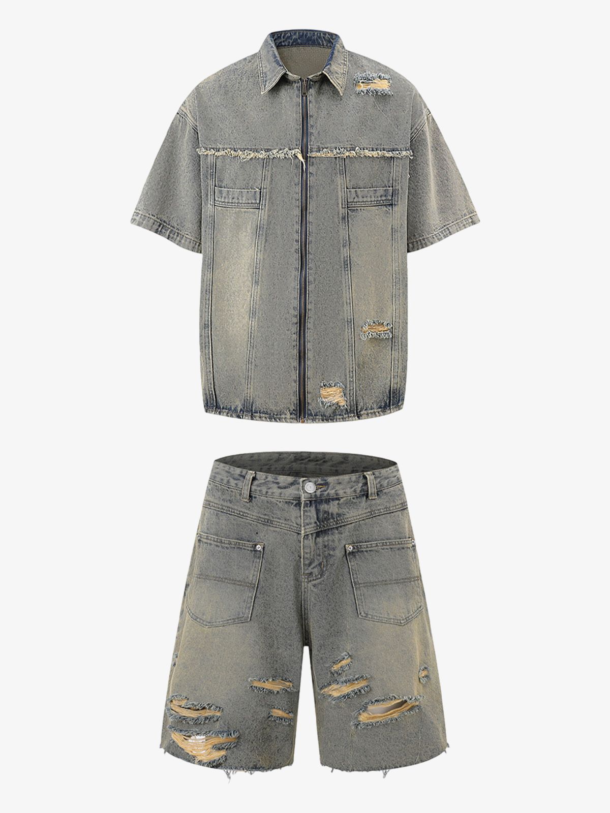 Conjunto de chaqueta y pantalón vaquero desgastado con roturas para hombre