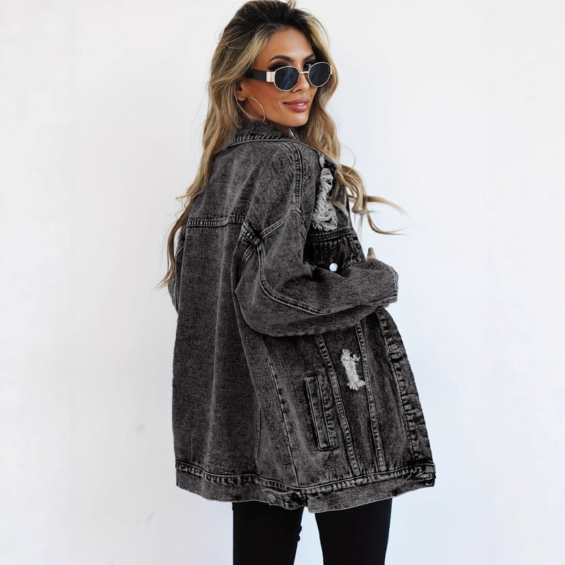 Women's Distressed Oversized Denim Jacket