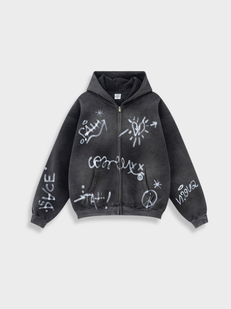 Men's Graffiti Print Washed Zip-Up Hoodie