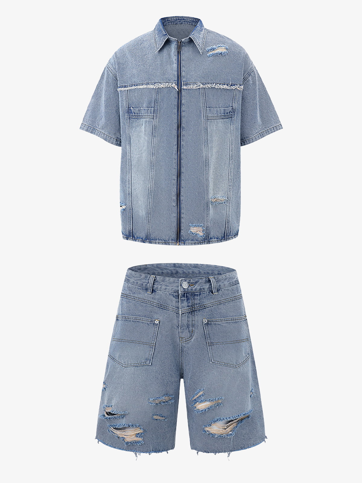 Conjunto de chaqueta y pantalón vaquero desgastado con roturas para hombre
