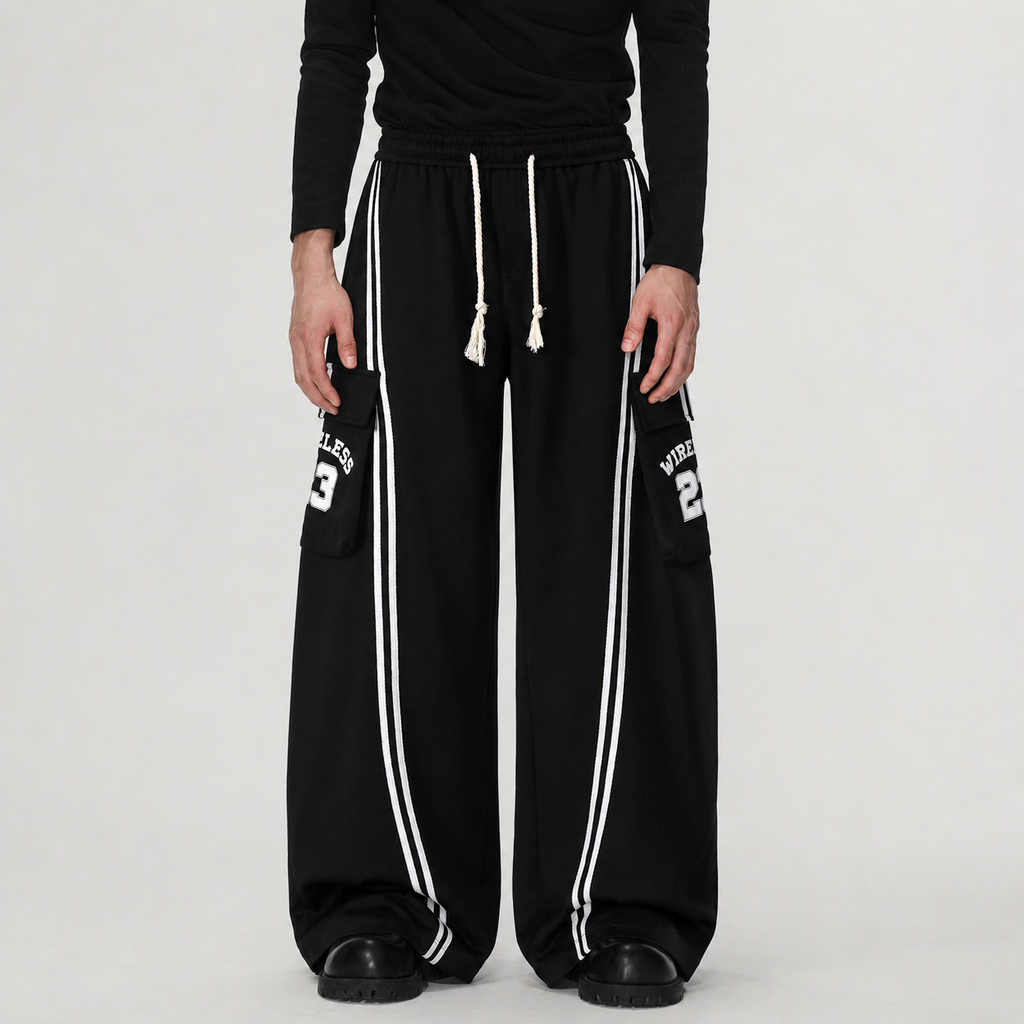 Cotton Web Stitching Letter Print Drawstring Barrel Pants - Drenn