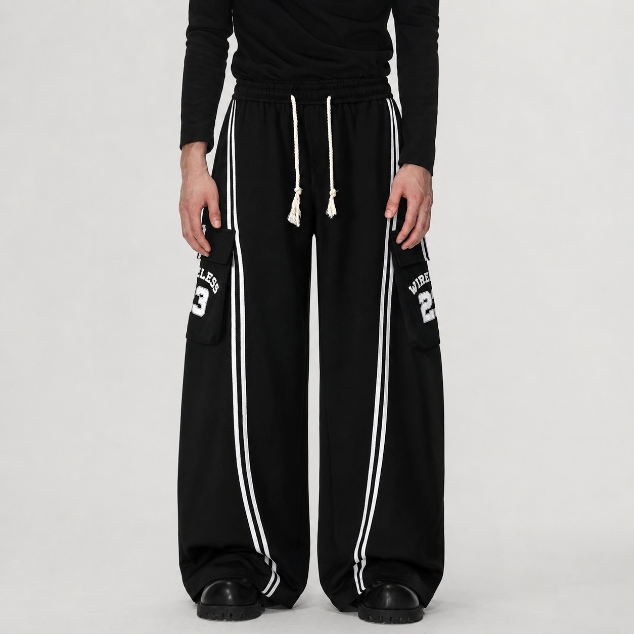 Cotton Web Stitching Letter Print Drawstring Barrel Pants - Drenn