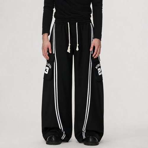 Cotton Web Stitching Letter Print Drawstring Barrel Pants - Drenn