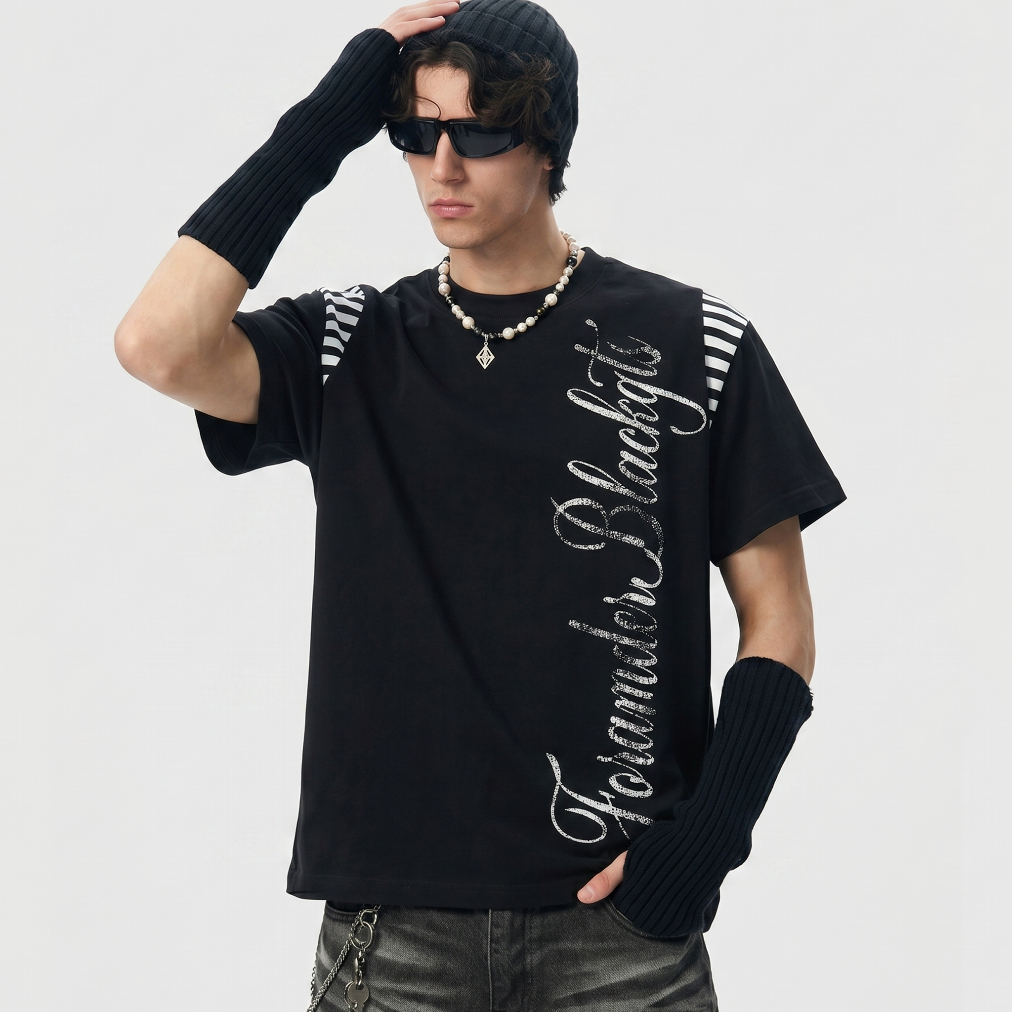 Streetwear Script Print Striped Patchwork T-Shirt - Drenn