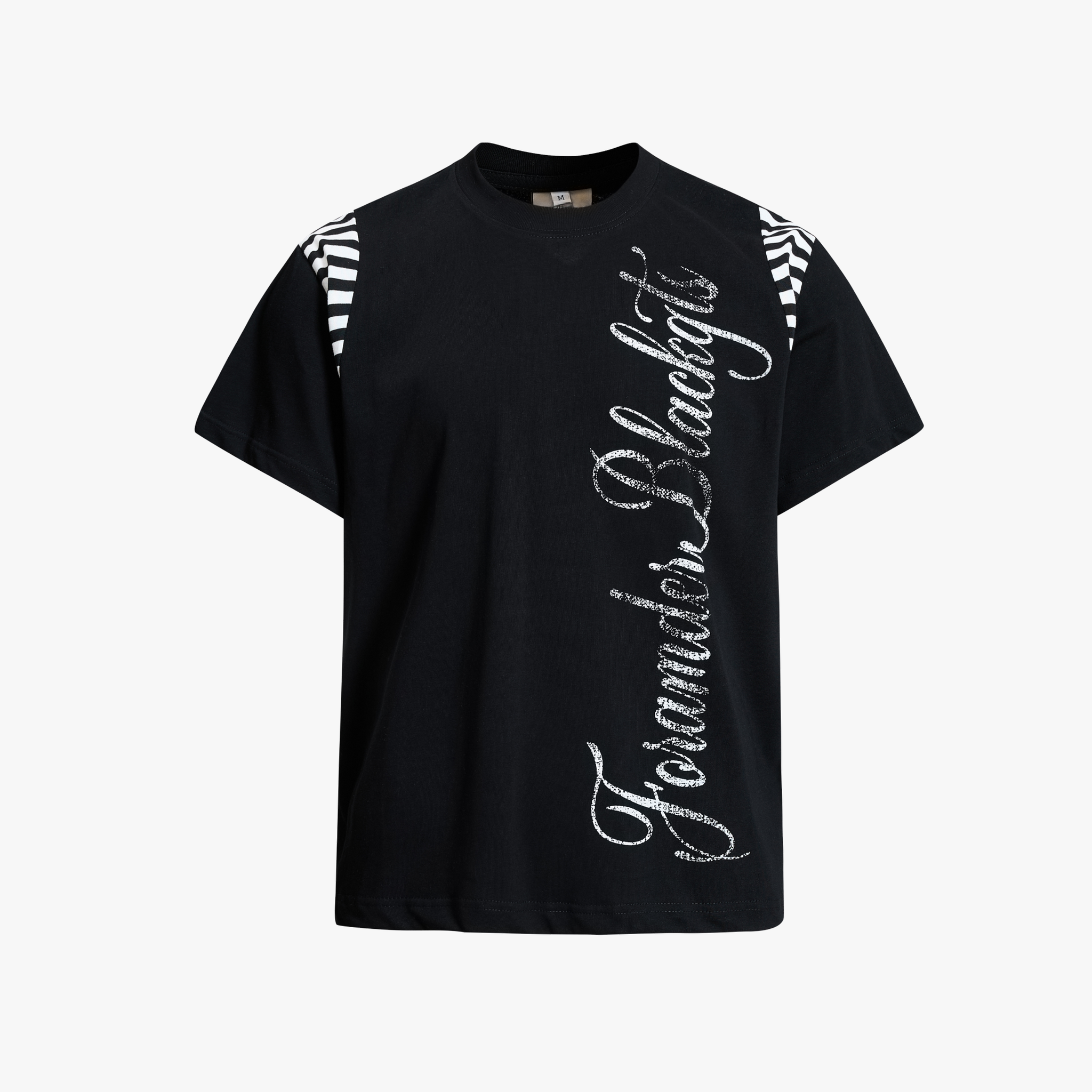Streetwear Script Print Striped Patchwork T-Shirt - Drenn