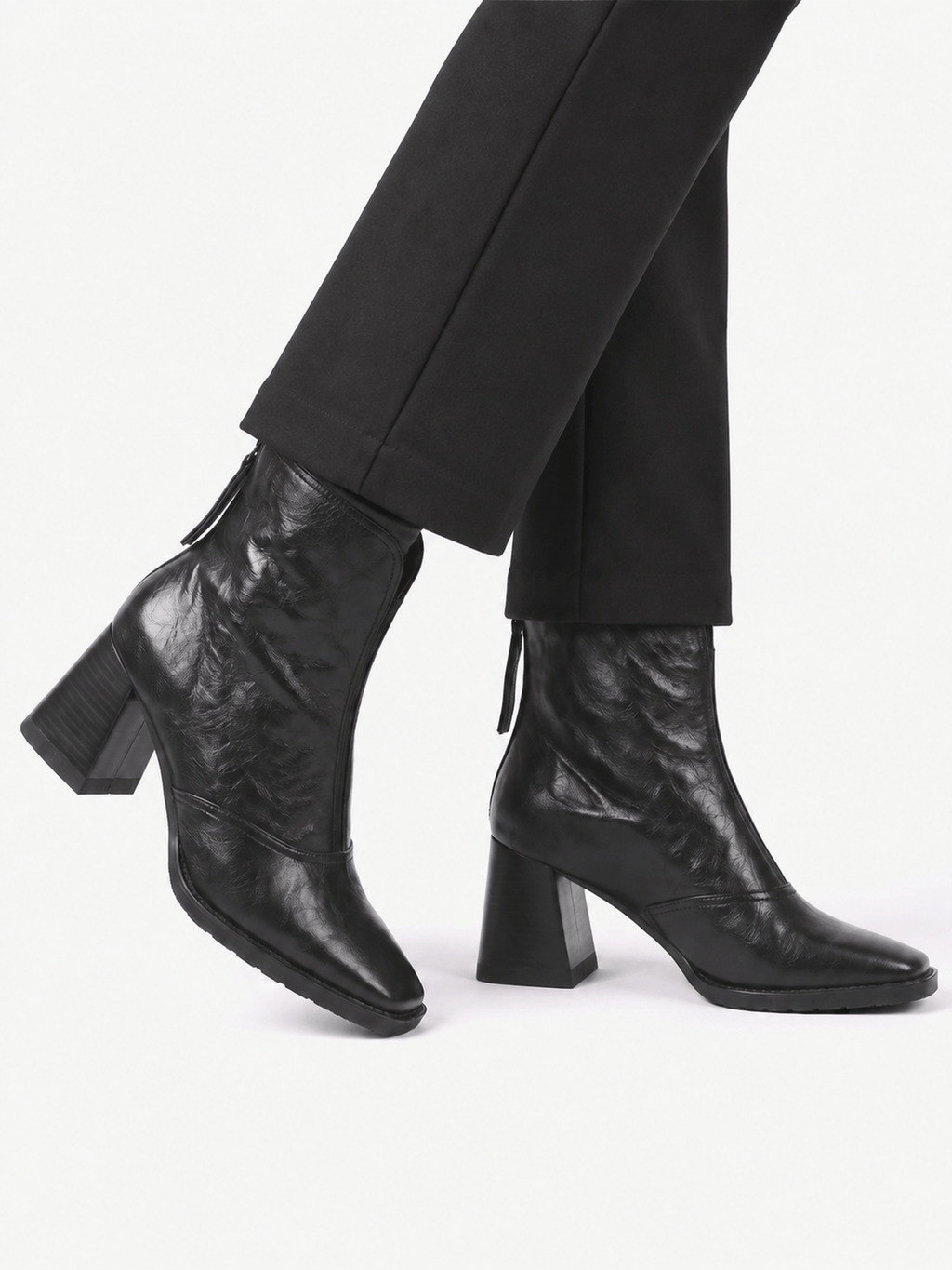 Women's Leather Ankle Boots with Square Heel and Zipper