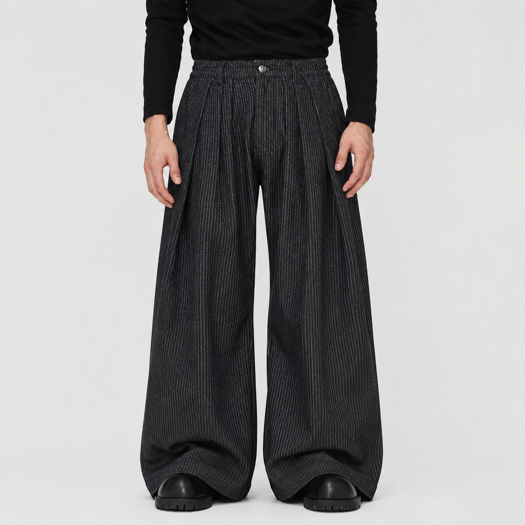 Vintage Pinstripe Pleated Wide-Leg Barrel Pants - Drenn