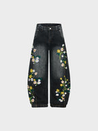 Baggy Washed Flower Denim Jeans