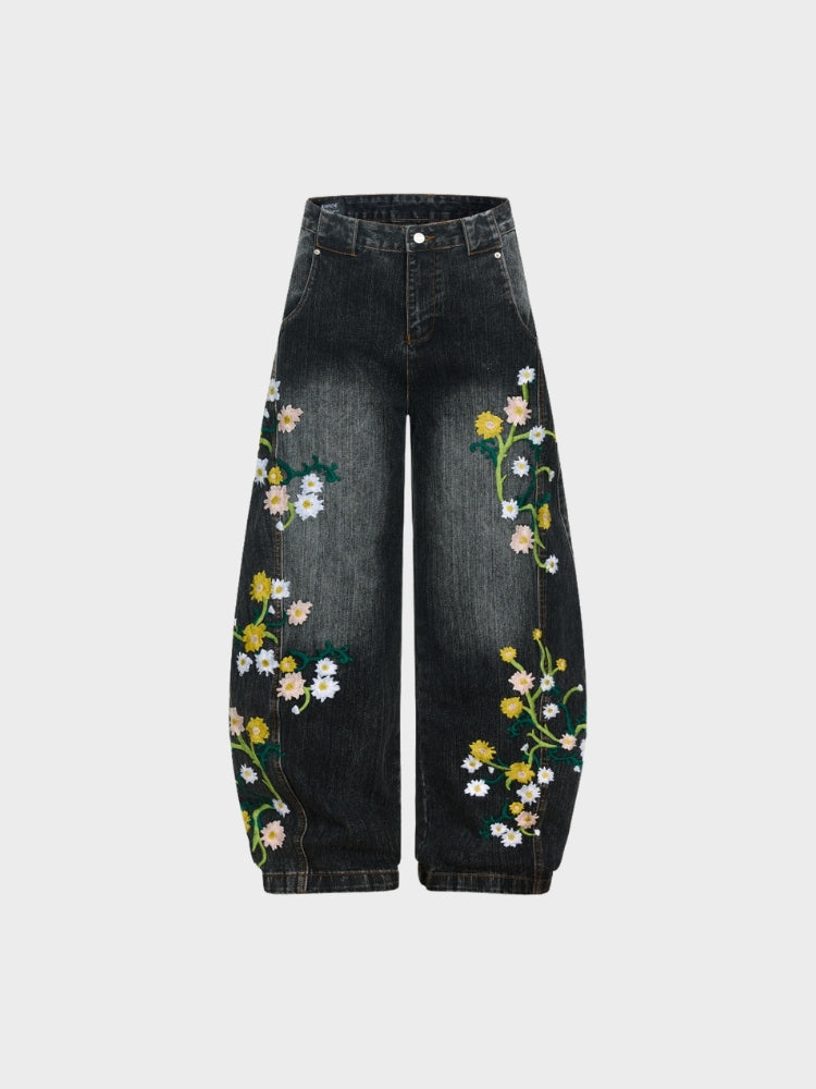 Baggy Washed Flower Denim Jeans