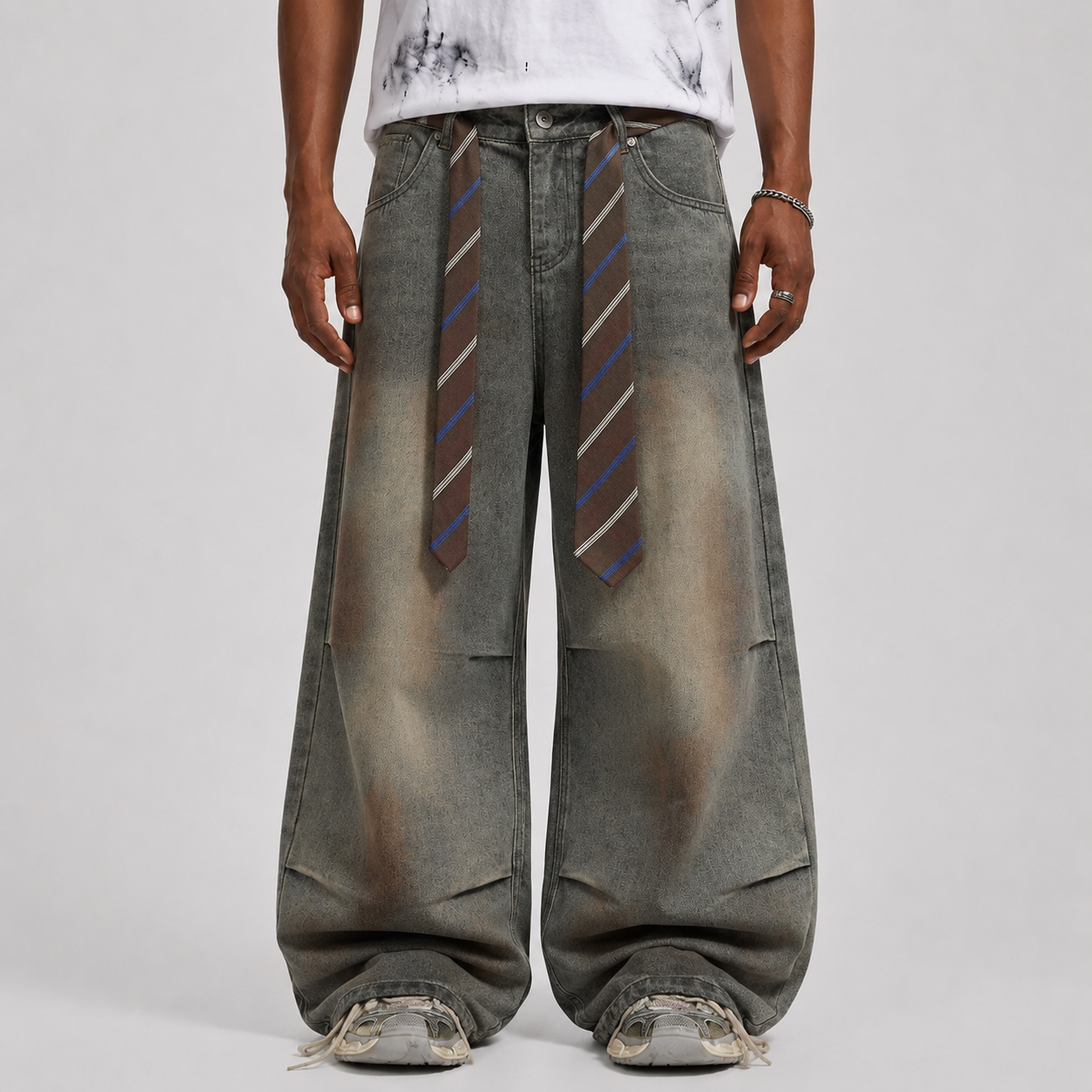 Gradient Sandwash Detachable Tie Baggy Jeans - Drenn