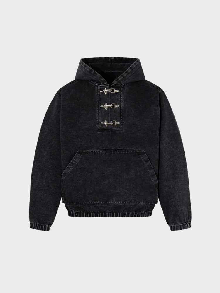 Toggle Front Washed Denim Hoodie