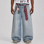 Tie Graphic Print Vintage Wash Wide Leg Denim Jeans - Drenn
