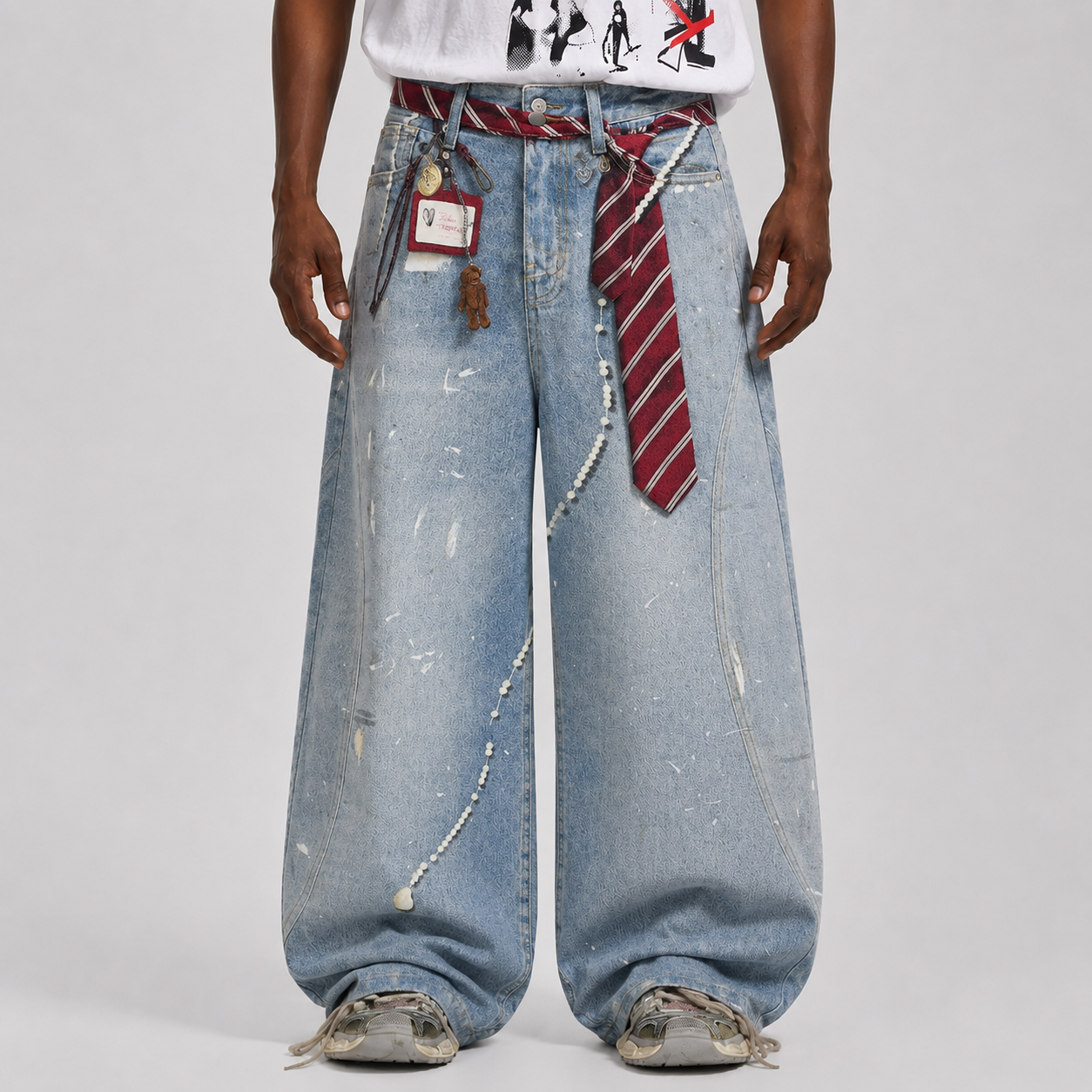Tie Graphic Print Vintage Wash Wide Leg Denim Jeans - Drenn