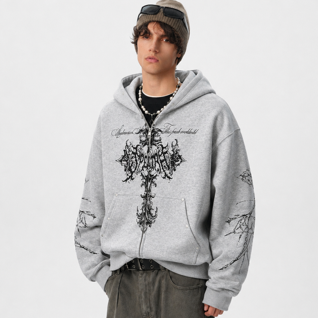 Street Wasteland Washed Cross Print Zip Up Jacket - Drenn