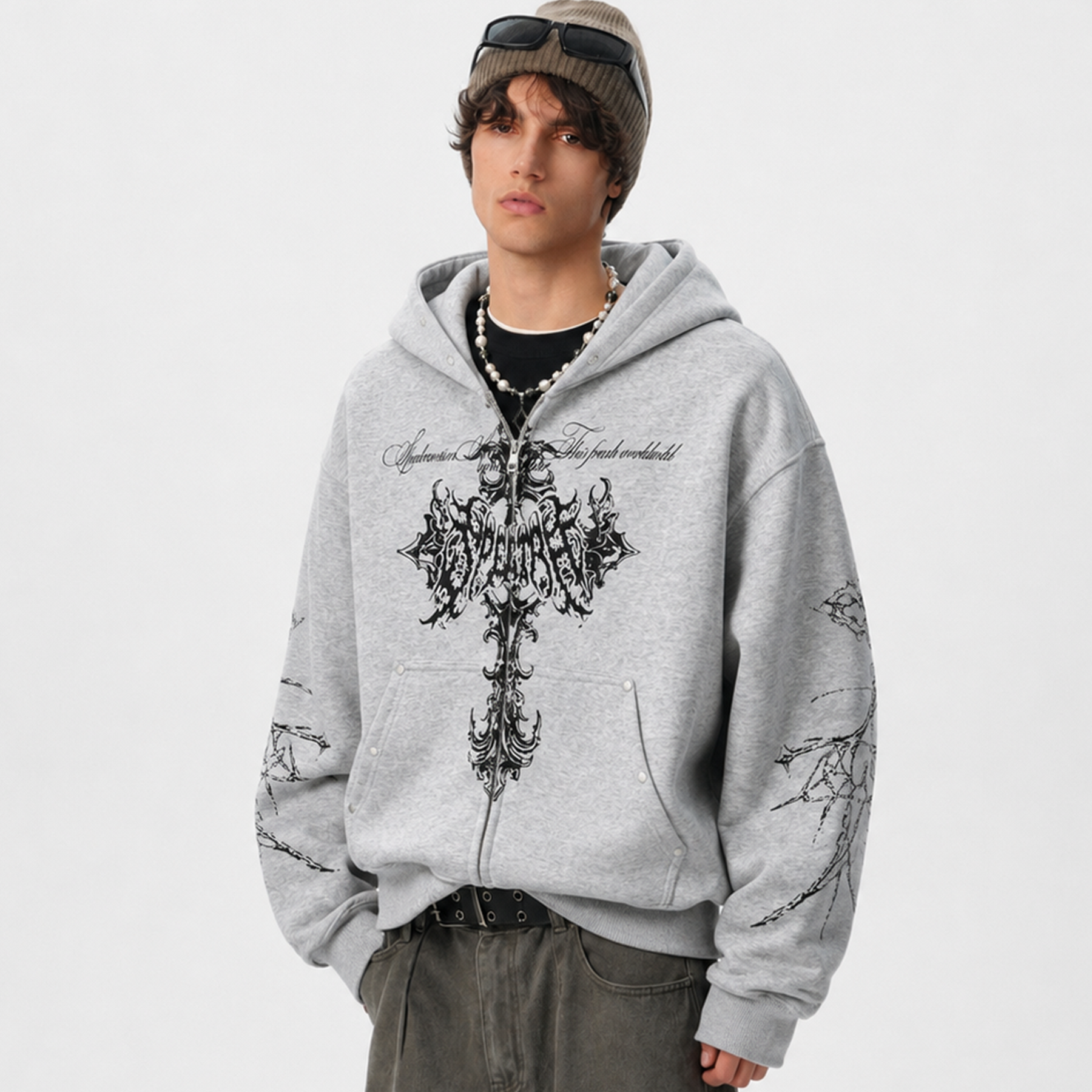 Street Wasteland Washed Cross Print Zip Up Jacket - Drenn