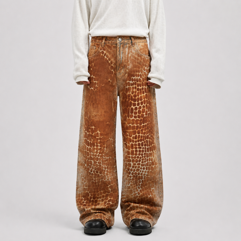 Croc Texture Washed Wide Leg Jeans - Drenn