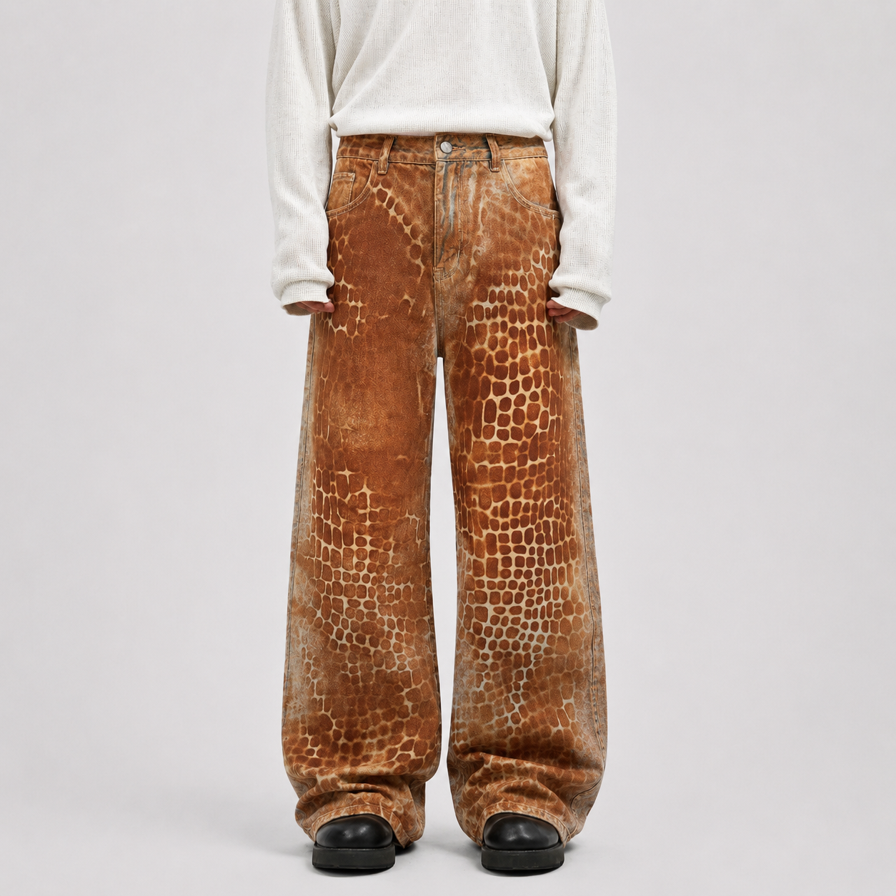 Croc Texture Washed Wide Leg Jeans - Drenn
