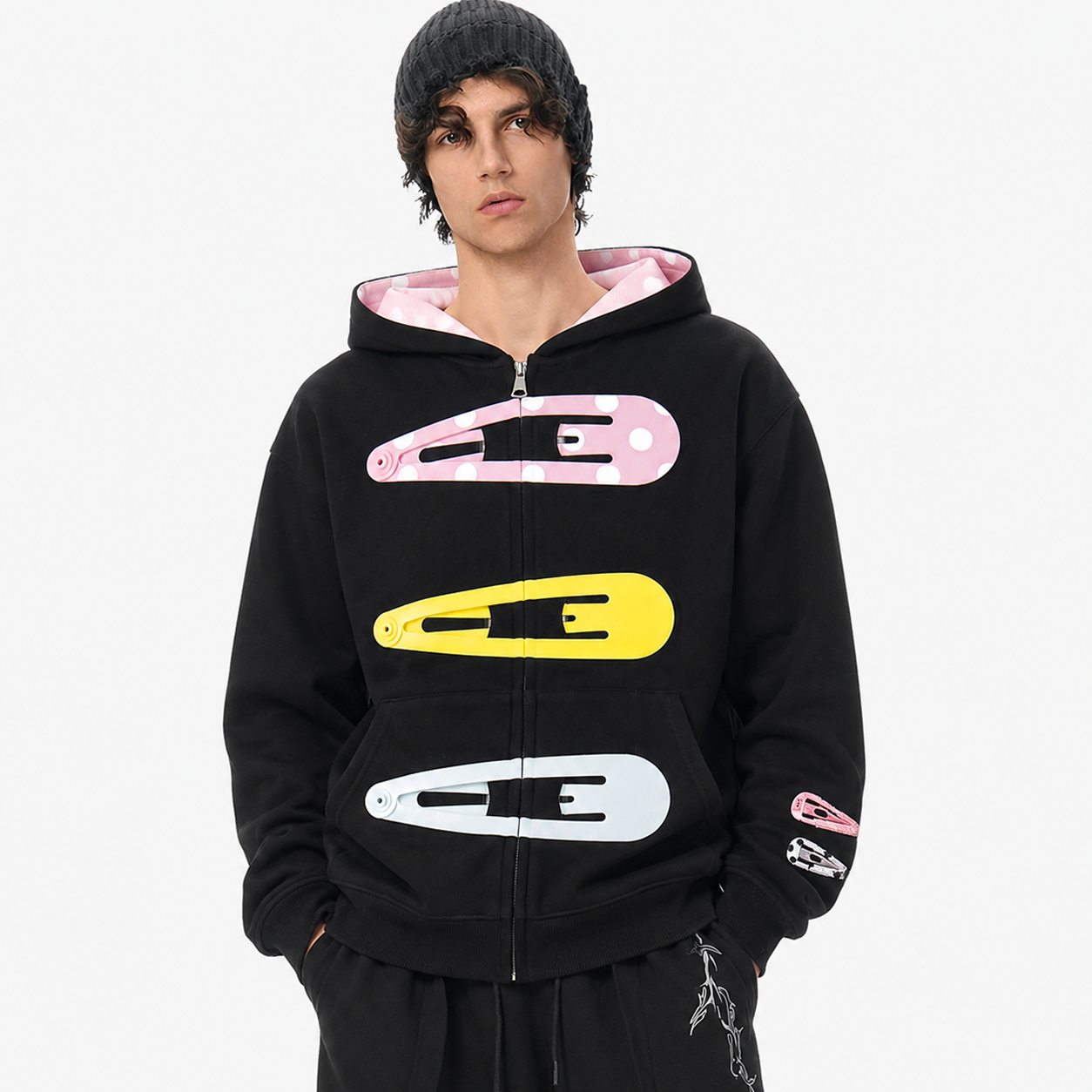 Detachable Hair Clip Decoration Zip Up Hoodie - Drenn