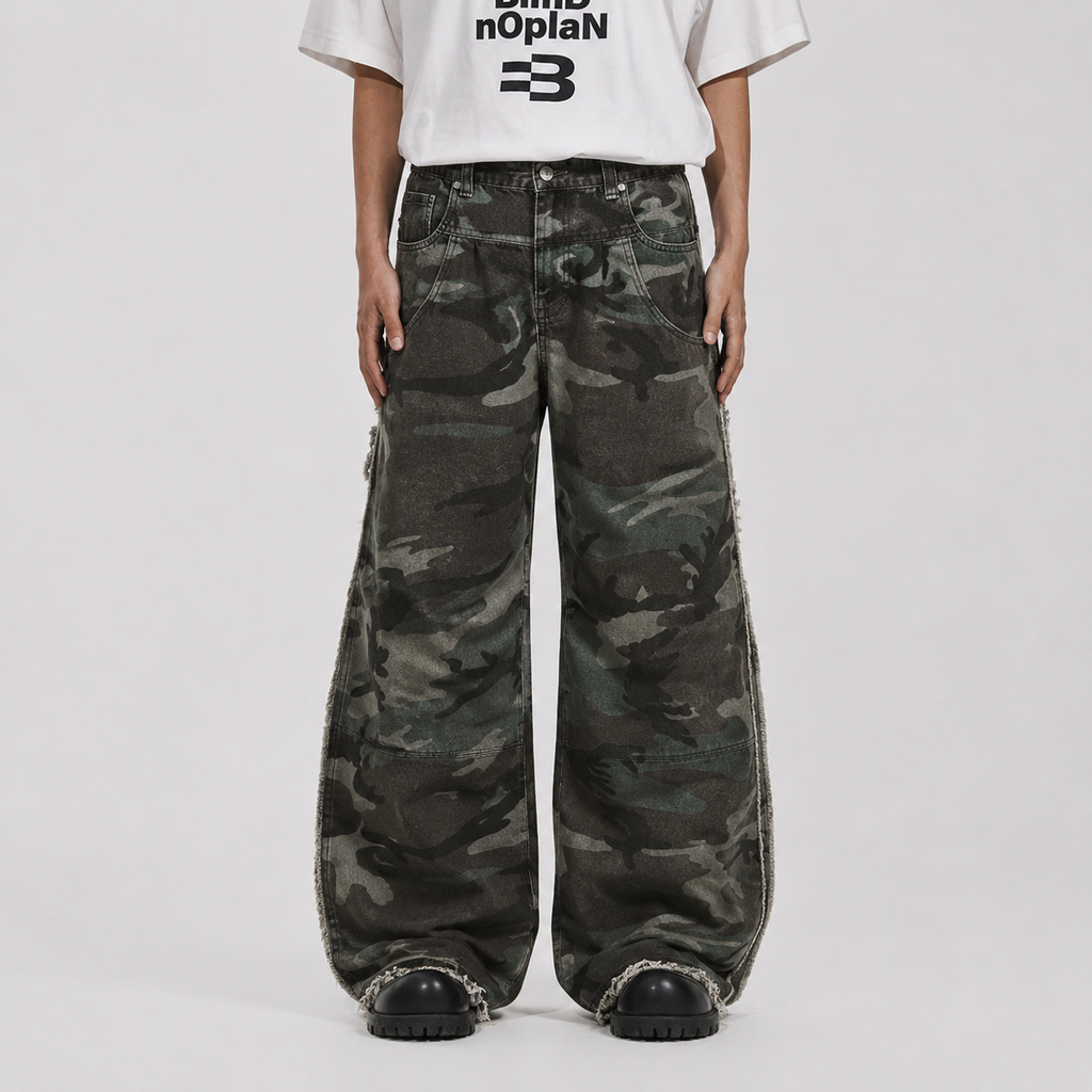 Retro Double Waist Camouflage Barrel Pants - Drenn