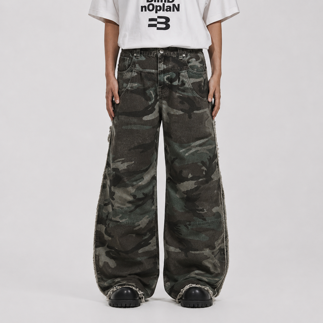 Retro Double Waist Camouflage Barrel Pants - Drenn