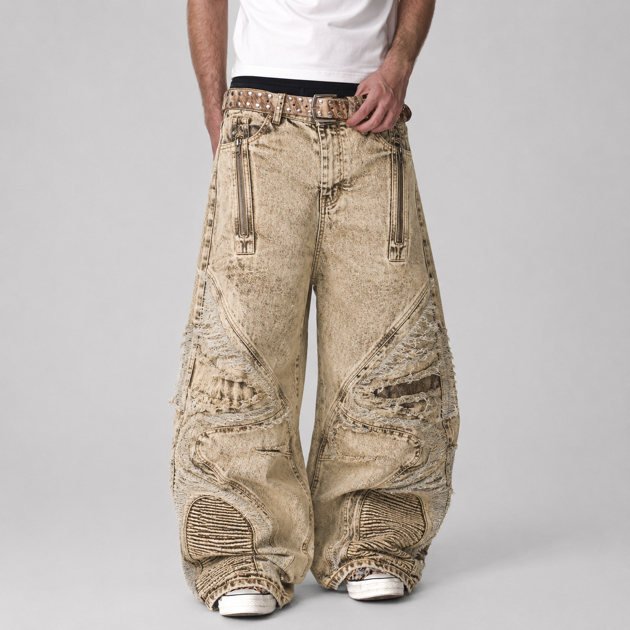 Distressed Raw-Edge Panel Sculpted Wide-Leg Jeans - Drenn