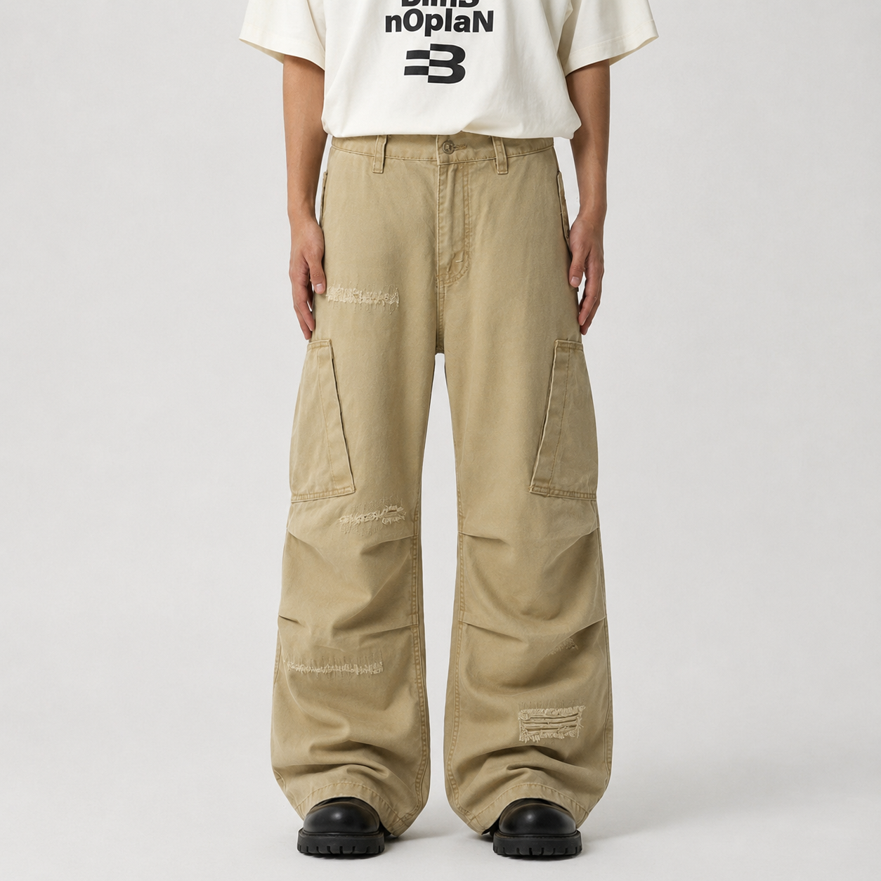 Cotton Hole Patch Pleated Multi-Pocket Cargo Casual Pants - Drenn