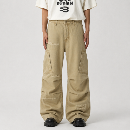 Cotton Hole Patch Pleated Multi-Pocket Cargo Casual Pants - Drenn