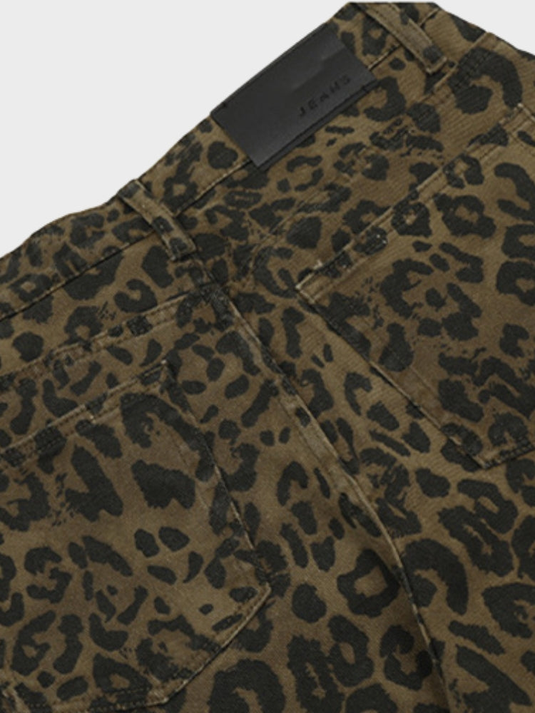 Leopard Print Wide-Leg Denim Shorts