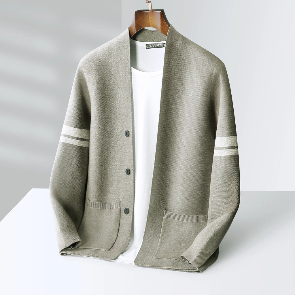 Men’s merino blend cardigan with striped sleeves and patch pockets
