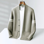 Men’s merino blend cardigan with striped sleeves and patch pockets