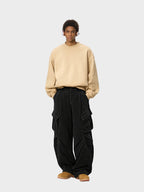 Oversized Wrinkled Cargo Denim Pants Elastic Waist