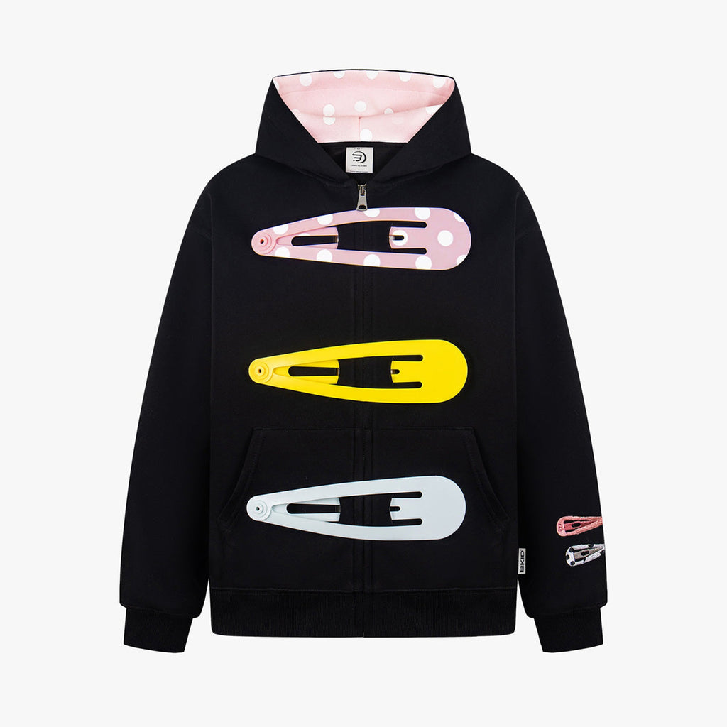 Detachable Hair Clip Decoration Zip Up Hoodie - Drenn