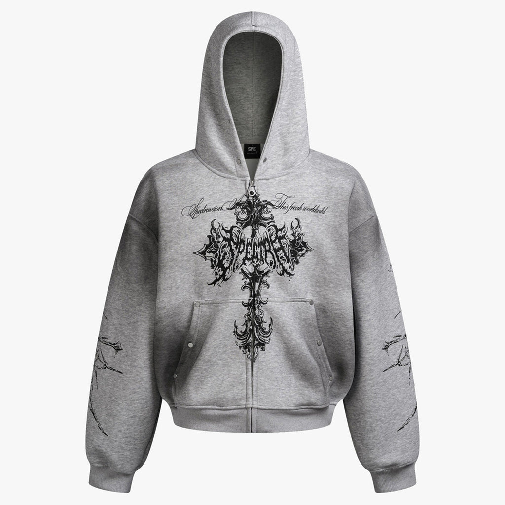 Street Wasteland Washed Cross Print Zip Up Jacket - Drenn