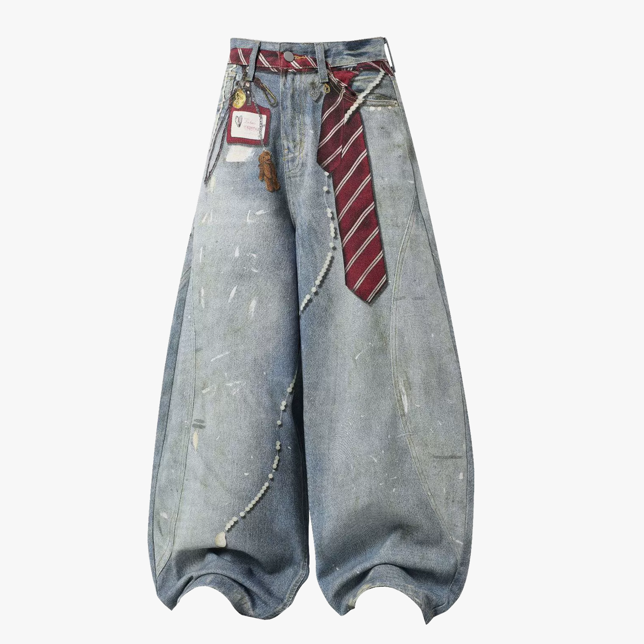 Tie Graphic Print Vintage Wash Wide Leg Denim Jeans - Drenn