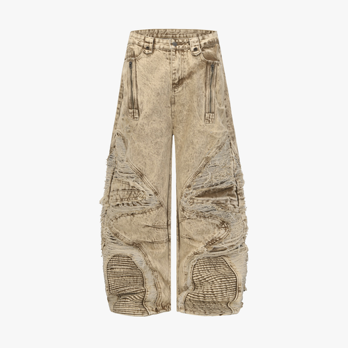 Distressed Raw-Edge Panel Sculpted Wide-Leg Jeans - Drenn