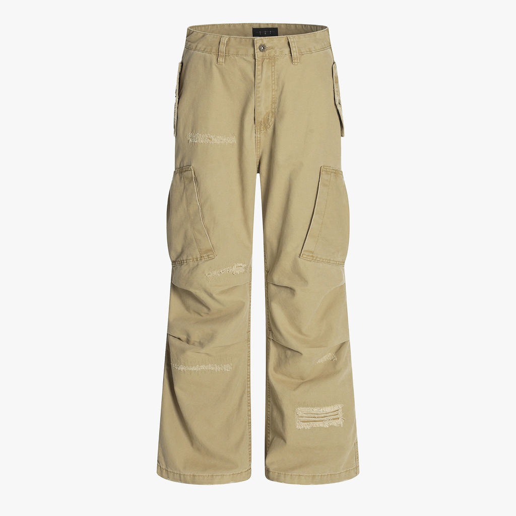 Cotton Hole Patch Pleated Multi-Pocket Cargo Casual Pants - Drenn