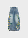 Baggy Washed Flower Denim Jeans