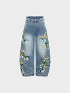 Baggy Washed Flower Denim Jeans