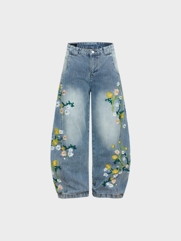 Baggy Washed Flower Denim Jeans