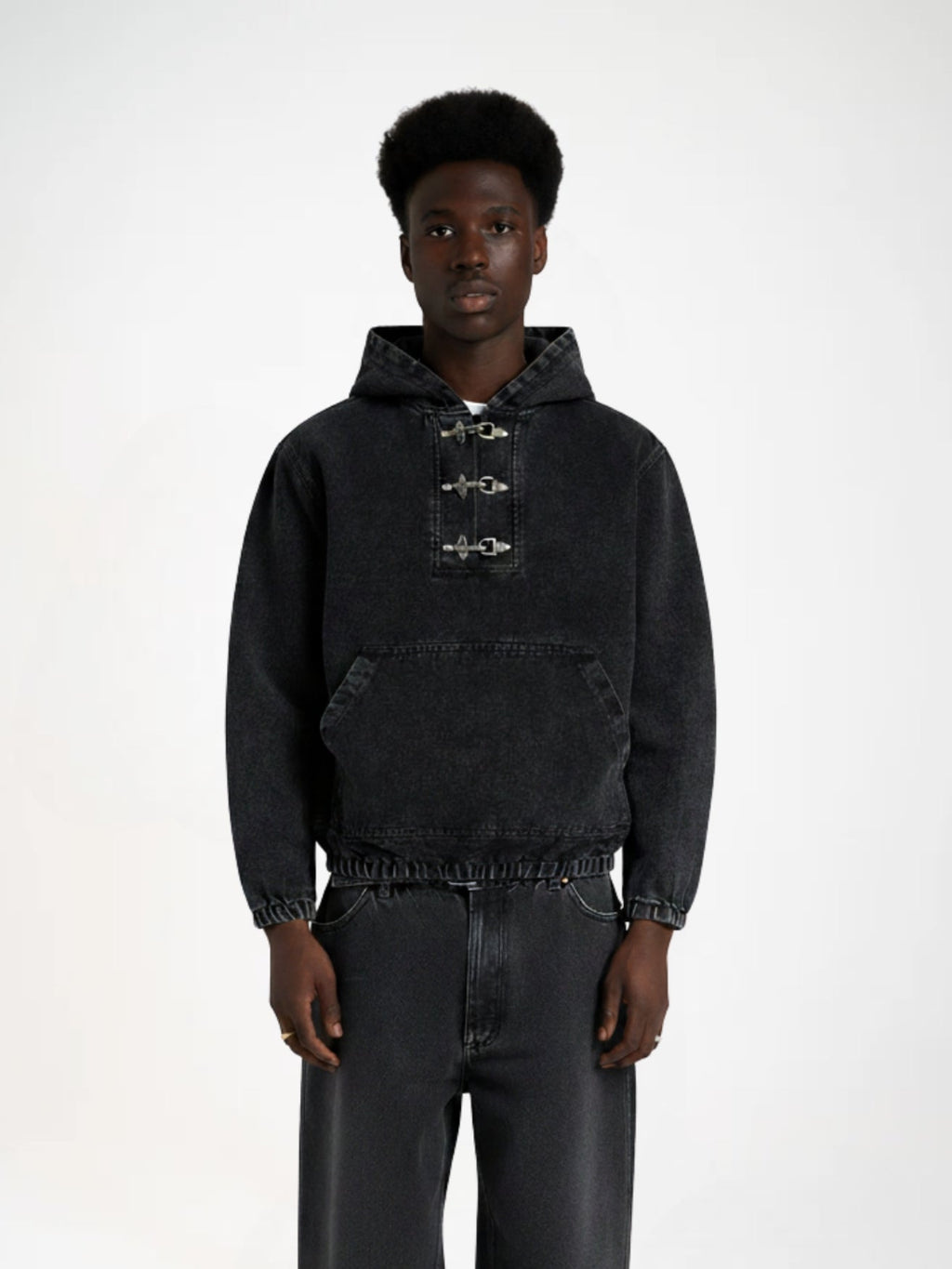 Toggle Front Washed Denim Hoodie